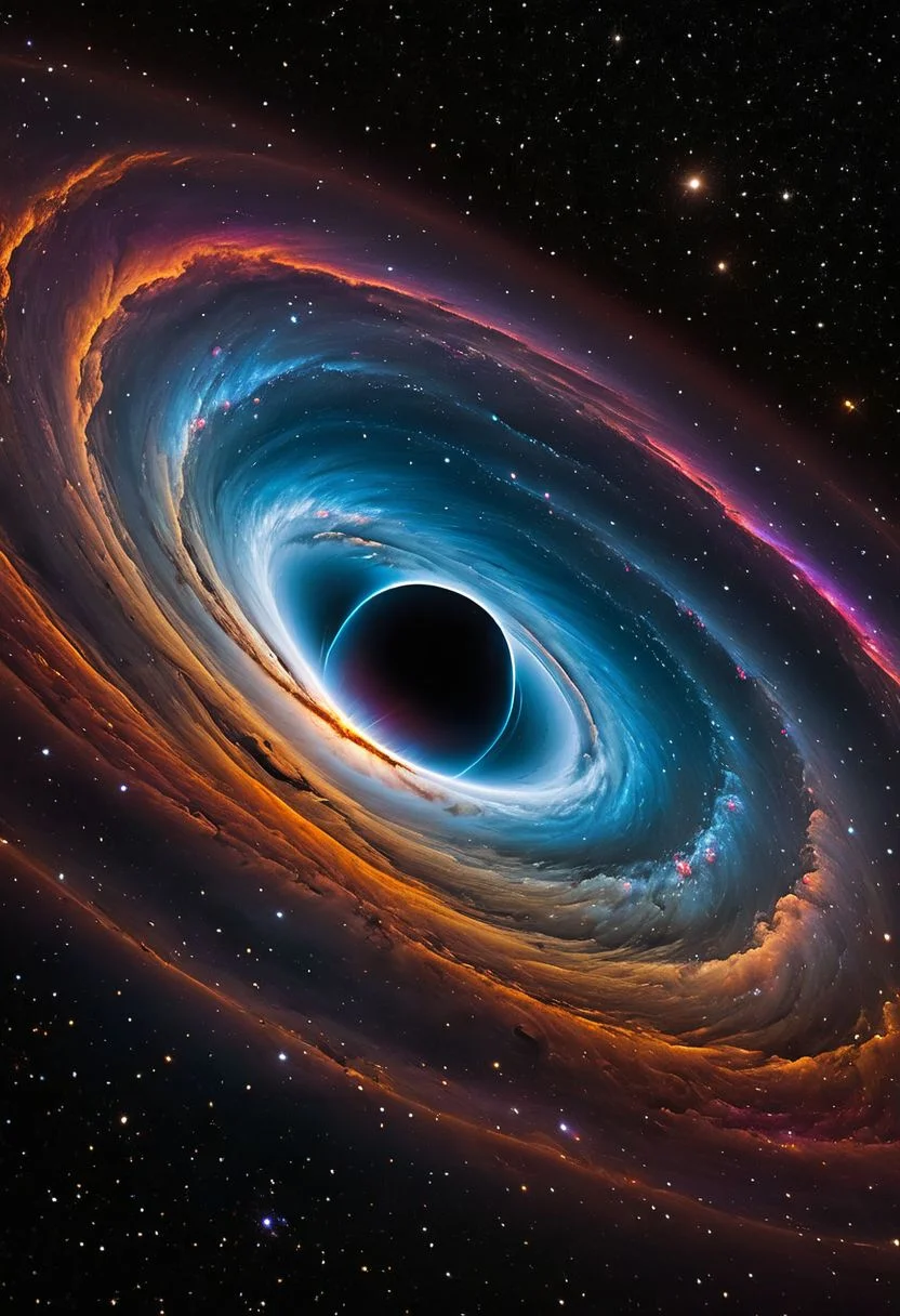 Craft a mesmerizing visual representation of a cosmic phenomenon where a vibrant, swirling nebula finds itself inexorably drawn towards the inescapable gravitational pull of a massive black hole. The nebula's rich tapestry of colors and ethereal gases dance in a chaotic ballet of light and shadow as they spiral closer and closer to the event horizon of the black hole. The intense gravitational forces distort the very fabric of spacetime, creating mesmerizing visual distortions and warping the surrounding stars into elongated streaks of light. The black hole's event horizon, a dark abyss that devours all light and matter, looms ominously in the center of the scene, a silent and foreboding presence that spells the inevitable fate of the vibrant nebula. The clash of brilliant colors against the deep, dark void creates a stark and breathtaking contrast, symbolizing the eternal struggle between creation and destruction in the vast expanse of the cosmos.
