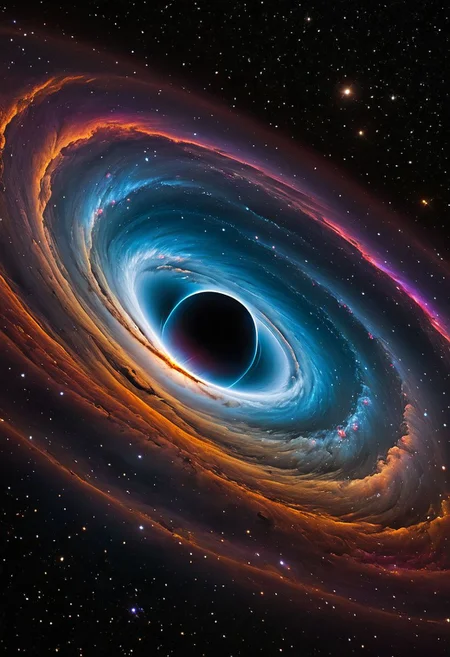 Craft a mesmerizing visual representation of a cosmic phenomenon where a vibrant, swirling nebula finds itself inexorably drawn towards the inescapable gravitational pull of a massive black hole. The nebula's rich tapestry of colors and ethereal gases dance in a chaotic ballet of light and shadow as they spiral closer and closer to the event horizon of the black hole. The intense gravitational forces distort the very fabric of spacetime, creating mesmerizing visual distortions and warping the surrounding stars into elongated streaks of light. The black hole's event horizon, a dark abyss that devours all light and matter, looms ominously in the center of the scene, a silent and foreboding presence that spells the inevitable fate of the vibrant nebula. The clash of brilliant colors against the deep, dark void creates a stark and breathtaking contrast, symbolizing the eternal struggle between creation and destruction in the vast expanse of the cosmos.