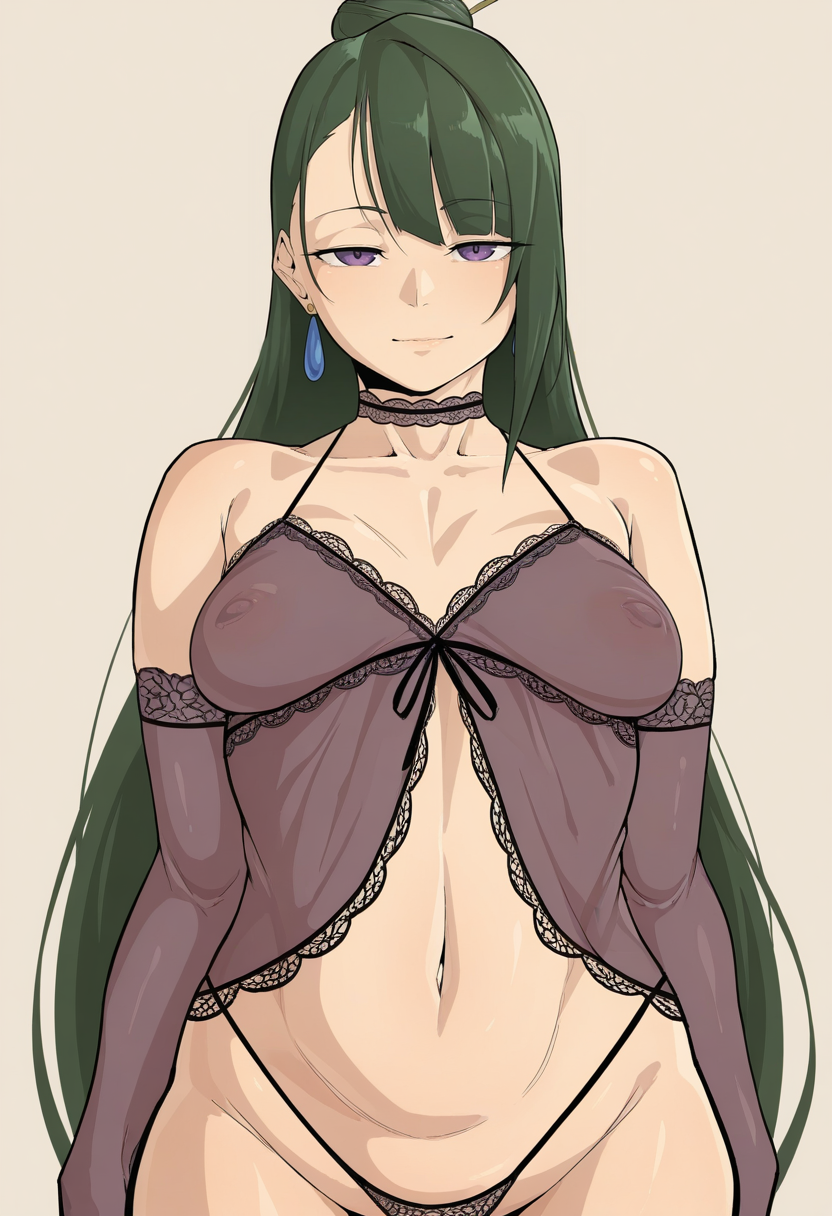 masterpiece, best quality,<lora:owasobi:1> 0w4s0b1,
1girl, solo,
Straight-on
looking at viewer, light smile,
meiou setsuna, green hair, extremely long hair, purple eyes,hair bun,
negligee, elbow gloves, choker, earrings, midriff, navel, thong, see-through clothes, covered nipples, lace, 
simple background, light brown  background,
