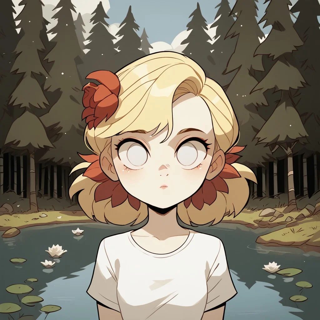 score_9, score_8_up, score_7_up, score_6_up, score_5_up, score_4_up, 1 girl,
diives
Wendy Carter, Dont starve, white eyes, no pupils, blonde hair, bangs, hair flower
forest, river, riverside, enf