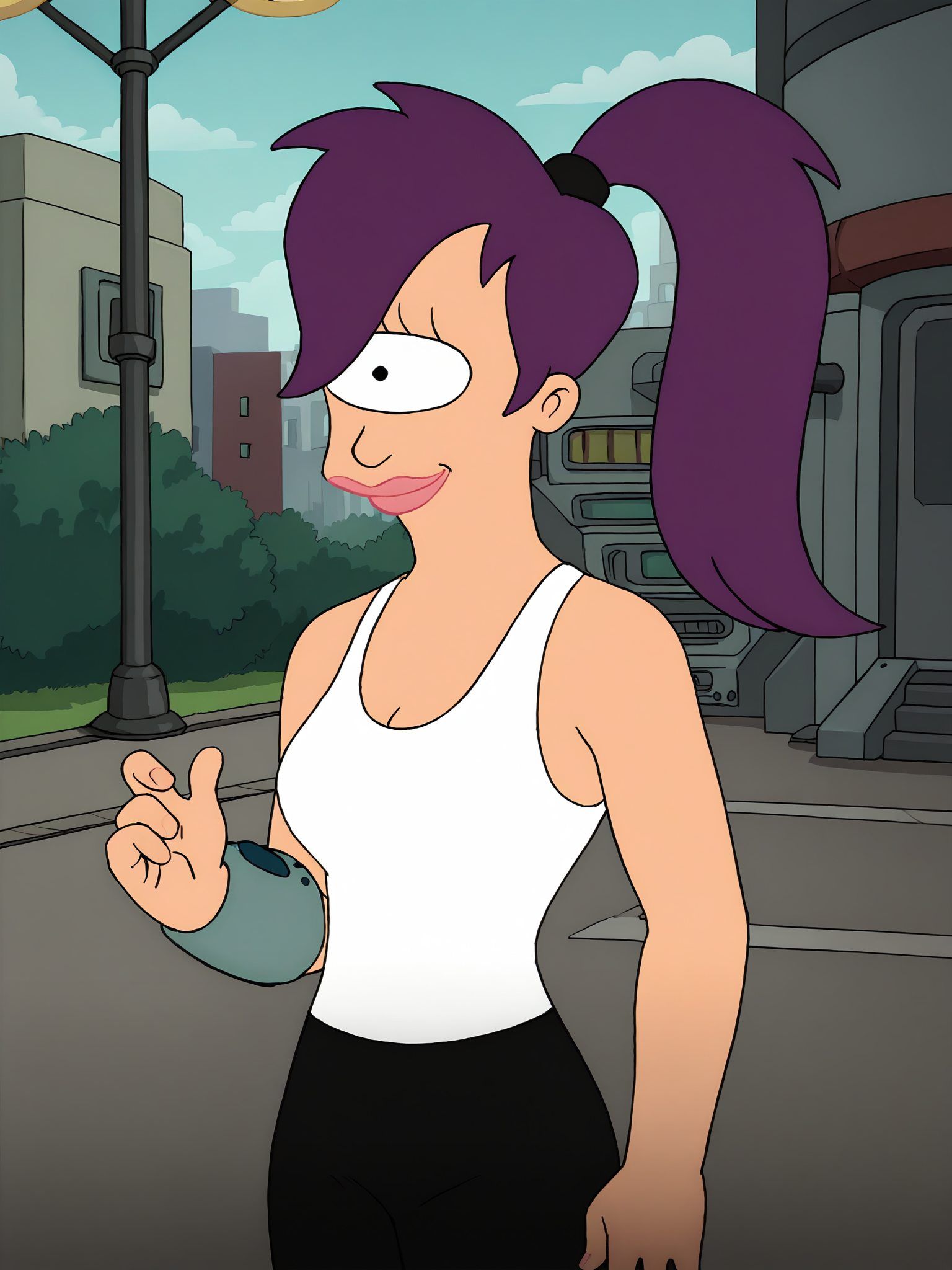 leela, 1girl, purple hair, one-eyed, cyclops, ponytail, long hair, solo, white tank top, black pants,smile,  lipstick <lora:LeelaPony1.2_r2:1>,(looking at viewer:1.2), cowboy shot, upper body,   city, science fiction, score_9, score_8_up, score_7_up, score_6_up, score_5_up, score_4_up