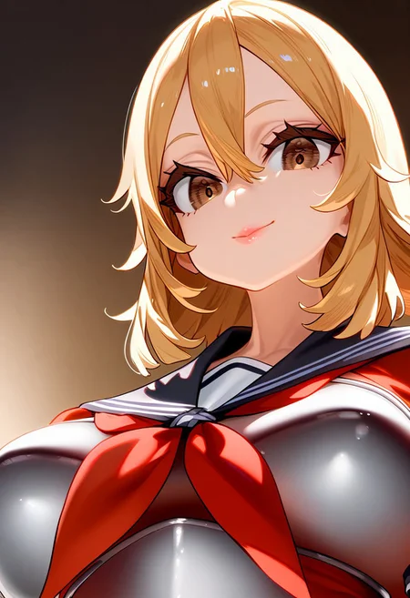 (masterpiece:1.2, best quality), (finely detailed eyes: 1.2) (ultra-detailed, hires), (detailed face, detailed eyes), (best illumination), detailed glow, high contrast, looking at viewer, ((solo)), smile, closed mouth, 1girl, huge breasts, wide hips, thick thighs, centurii-chan, blond hair, brown eyes, hair between eyes, medium hair, fluffy hair, bangs, armor, ((breastplate)), dress, neckerchief, red neckerchief, red dress, short dress, short sleeves, pink lips, skindentation, upper body, no background, empty background, (masterpiece, best quality, very aesthetic, absurdres), (ultra detailed perfect piece:1.2), illustration, masterpiece, (extremely detailed CG 8k), (very fine 8K CG), <lora:add-detail-xl:-1>