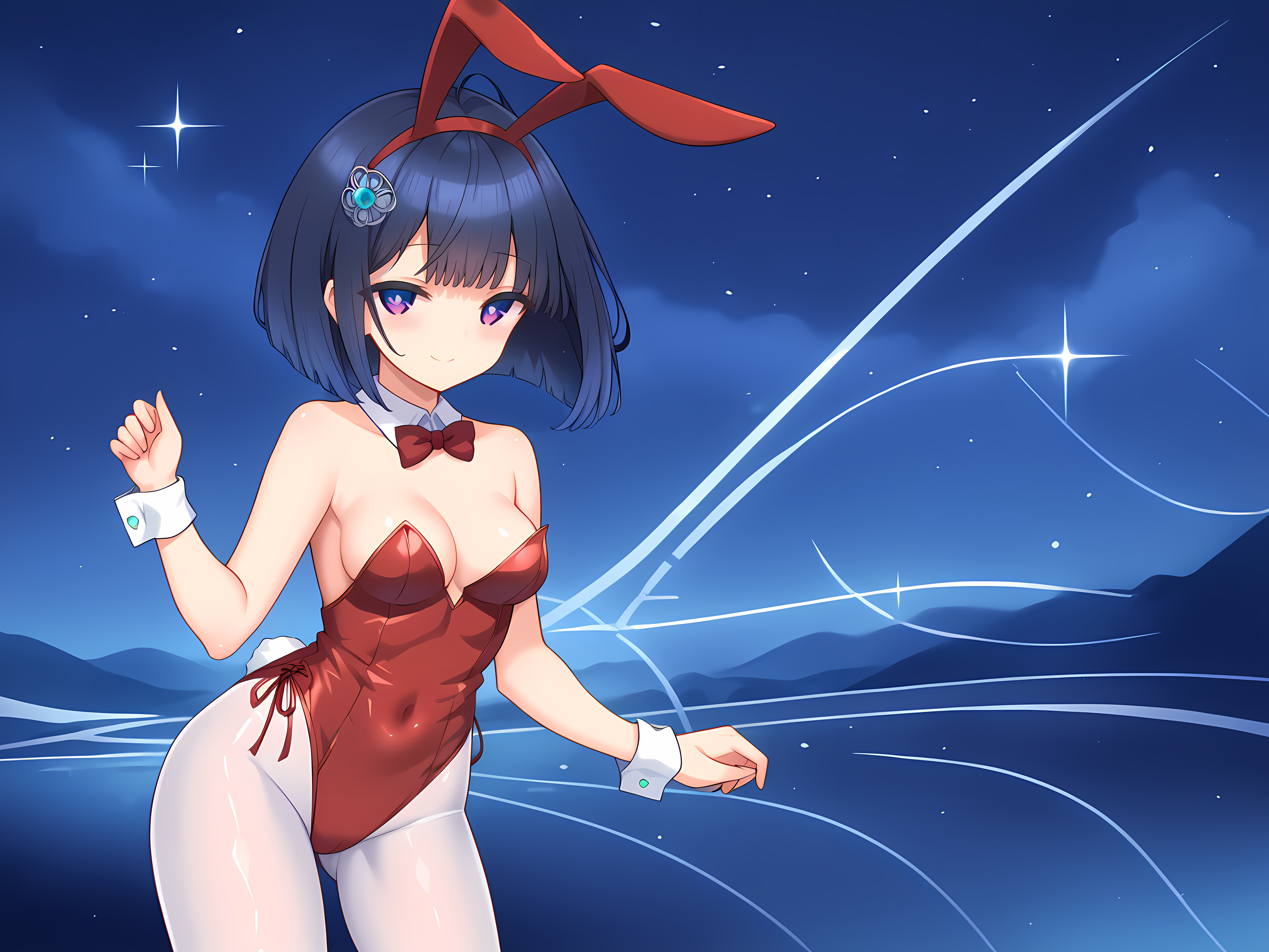 shimo,shizuha,medium breasts,short hair,black hair,purple eyes,multicolored eyes,outdoors,moonlight,night sky,seductive smile,looking at viewer,<lora:Selenoxia_-_Shizuha_-_Shimobashira_Workshop>,playboy bunny, fake animal ears, red leotard,, score_9, score_8_up, score_7_up,source_anime,(masterpiece),(best quality),(ultra-detailed),(best illustration),(best shadow),(absurdres),(detailed background),(very aesthetic),source_anime