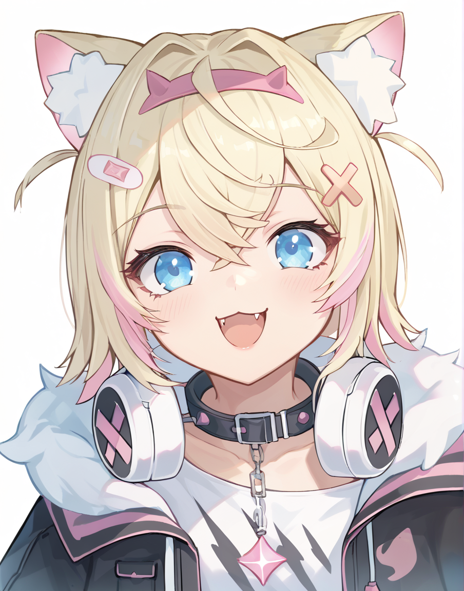 score_9, score_8_up, score_7_up, score_6_up, score_5_up, score_4_up, source_anime, BREAK, mococo abyssgard, 1girl, :3, animal ears, bandaid hair ornament, black collar, black jacket, blonde hair, blue eyes, fangs, fur trim, headphones around neck, looking at viewer, multicolored hair, open mouth, pink hair, pink hairband, smile, white shirt, x hair ornament, cropped shirt, cropped jacket, portrait, arms behind back,<lora:mococoPony:1>