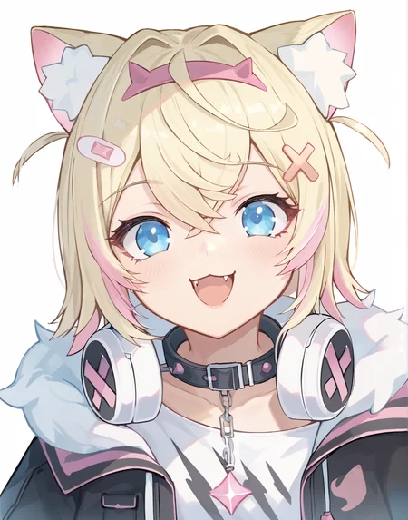 score_9, score_8_up, score_7_up, score_6_up, score_5_up, score_4_up, source_anime, BREAK, mococo abyssgard, 1girl, :3, animal ears, bandaid hair ornament, black collar, black jacket, blonde hair, blue eyes, fangs, fur trim, headphones around neck, looking at viewer, multicolored hair, open mouth, pink hair, pink hairband, smile, white shirt, x hair ornament, cropped shirt, cropped jacket, portrait, arms behind back,<lora:mococoPony:1>