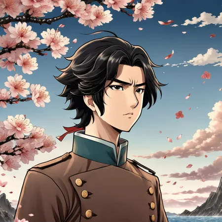 1boy , masterpiece, best quality, highres, 4k, 8k, intricate detail, cinematic lighting, amazing quality, amazing shading, soft lighting, anime style, wallpaper, black hair, (brown tatenokai567:1.2),sakura petals,sea,bang, Japan,looking at viewer, military, Ukiyo-e Art,<lora:ShieldLoraXL-000009:1.0> <lora:Ukiyo-e Art:0.8>