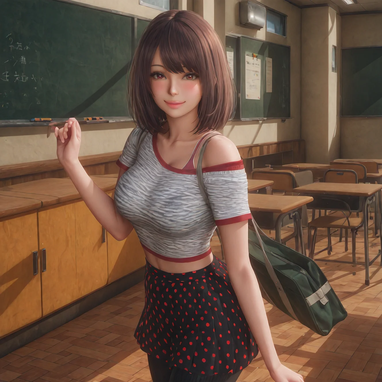 (masterpiece, best quality,incredibly absurdres:1.3),realistic,from side,(looking at viewer, foreshortening, collarbone,),(shiny_eyes,sparkling_eyes,smile,:1.2),
Annie01,1girl,solo,skirt,polka dot skirt,brown hair,bag,polka dot,pantyhose,midriff,shirt,lips,blush,black pantyhose,medium hair,brown eyes,street,short hair,bra strap,short sleeves,off-shoulder shirt,handbag,crop top,fashion,pantyhose,black pantyhose,
cleavage,medium breasts,bouncing breasts,(classroom, indoors:1.1),<lora:aidmaImageUpgrader-v0.3-IL:0.6>,<lora:Annie01(IL):0.8>,