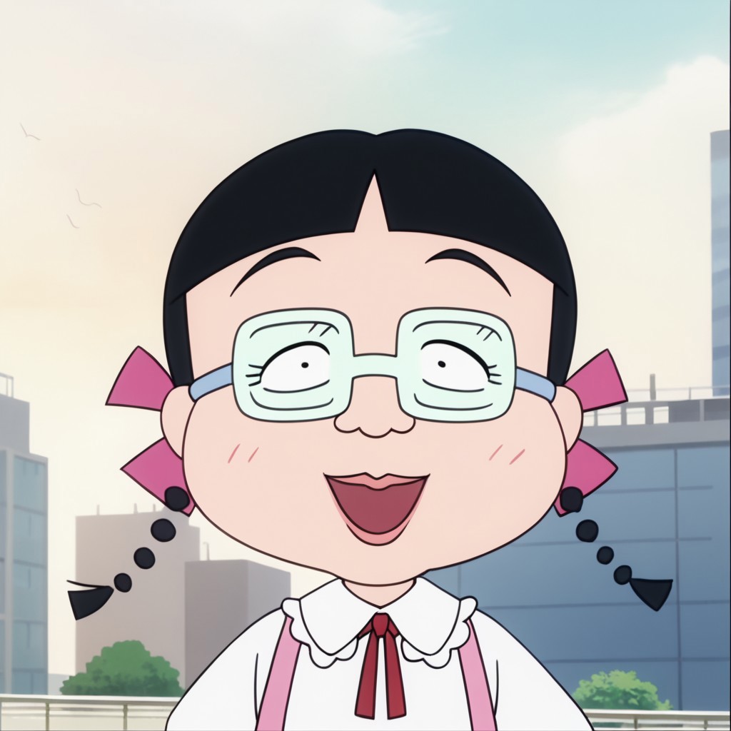 score_9, score_8_up, score_7_up BREAK MigiwaSan, 1girl, black hair, black eyes, blunt bangs, braided pigtails, pink ribbons, square crystal glasses, pink lipstick, white-collared pink long-sleeved shirt, face view, face closeup, solo, solo focus, female, female focus, screenshot, official art, parody, anime footage, official design, screencap, anime screenshot, official screenshot, 2d, anime, source_anime, smiling at viewer, city outdoors, city background,