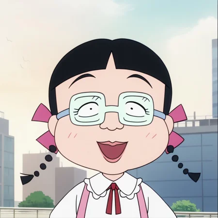 score_9, score_8_up, score_7_up BREAK MigiwaSan, 1girl, black hair, black eyes, blunt bangs, braided pigtails, pink ribbons, square crystal glasses, pink lipstick, white-collared pink long-sleeved shirt, face view, face closeup, solo, solo focus, female, female focus, screenshot, official art, parody, anime footage, official design, screencap, anime screenshot, official screenshot, 2d, anime, source_anime, smiling at viewer, city outdoors, city background,