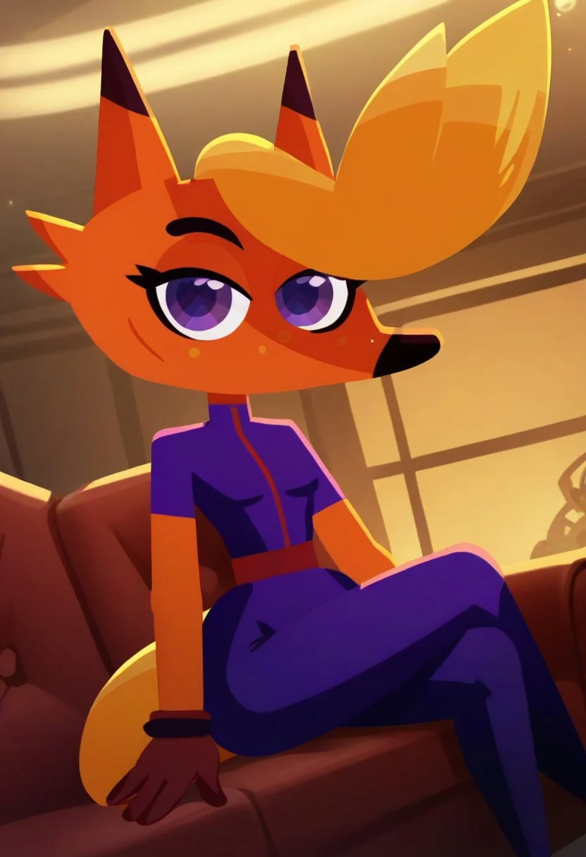 score_9, score_8_up, score_7_up, source_cartoon, cartoon style, 2d, thin lines, easynegative, 1 character, 1 girl, solo, female, Olesya, fox, furry, anthro, orange fur, blonde hair, purple eyes, eyelashes, fox ears, fox nose, black nose, fox tail, light orange tail, four fingers on arms, furry body, female body, bodysuit, purple bodysuit, short sleeves, red belt, dark red gloves, looking at viewer, smile, smiling, lidded eyes, closed mouth, cute face, perfect face, front view, angle, sitting on the armchair, straight sitting, straight posture, posing, sexy pose, crossed legs, high quality, high resolution, detailed, best quality, photorealism, indoors, detailed background, perfect shot