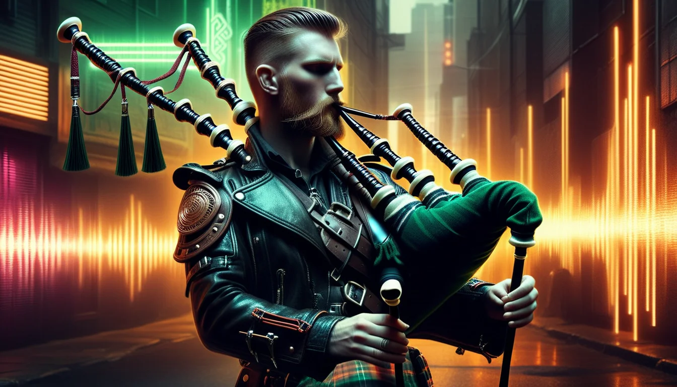 a bagpipe player wearing a leather jack in gritty cyberpunk world, neon, soundwaves, cool, realistic, Celtic, music, album cover, abf_cover <lora:ABF_AlbumCover_2:1.1>, realistic, <lora:add-detail-xl:1>