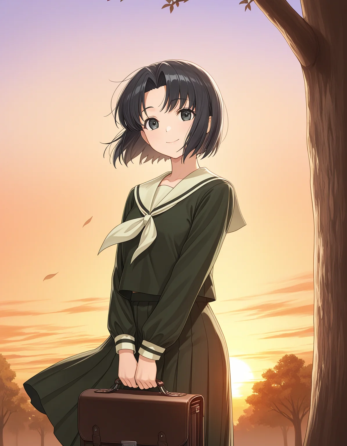 1girl, solo, mizuno youko, black hair, short hair, parted bangs, black eyes, smile, lillian girls\' academy school uniform, green serafuku, long skirt, holding school briefcase, cowboy shot, bottom of tree, outdoors, sunset, wind, orange sky, masterpiece, best quality, very aesthetic <lora:mizuno_youko_illustrious_v1:0.7>