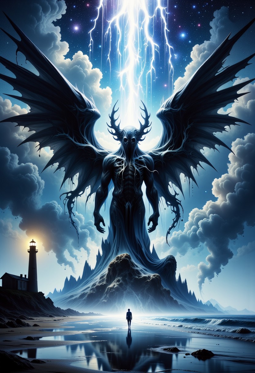rising of the ocean on a dark night a giant human body walking towards the sailor with kraken head with a lot of kraken giant tentacles coming out of your head, extra large dark wings, cthulhu, shadow. a diagonal flash of a lightning bolt tearing the scene, a sailor figure, almost tiny in size is standing still on the edge of the beach looking at the ocean. in the left corner of the scene is a lighthouse with a yellow light focused on the ocean reflecting in the water on an island in the ocean. on the sky a arm of he vialact, In the night sky a galaxy full of stars, dark atmosphere. terror and horror feeling.