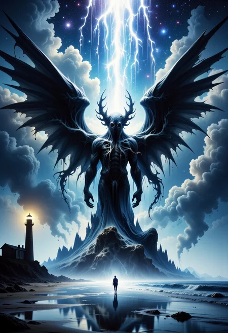 rising of the ocean on a dark night a giant human body walking towards the sailor with kraken head with a lot of kraken giant tentacles coming out of your head, extra large dark wings, cthulhu, shadow. a diagonal flash of a lightning bolt tearing the scene, a sailor figure, almost tiny in size is standing still on the edge of the beach looking at the ocean. in the left corner of the scene is a lighthouse with a yellow light focused on the ocean reflecting in the water on an island in the ocean. on the sky a arm of he vialact, In the night sky a galaxy full of stars, dark atmosphere. terror and horror feeling.