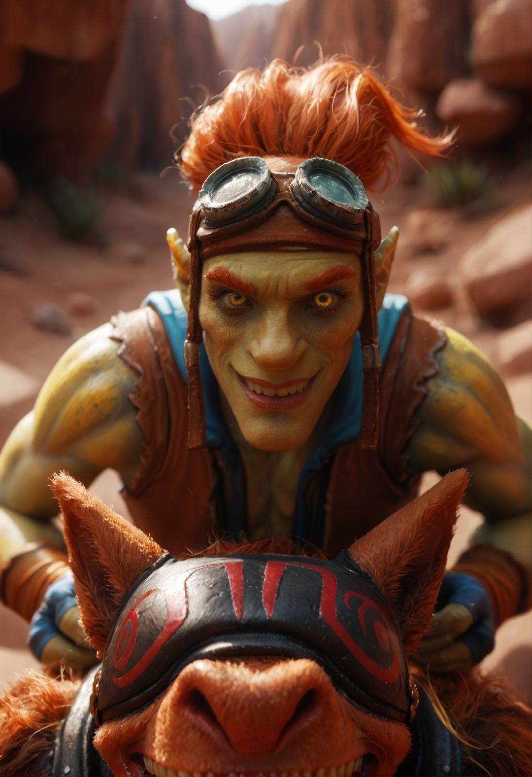 <lora:batrider_v1:1> yellow skin, batrider_v1, 1boy, goggles, goggles on head, colored skin, smile, pointy ears, gloves, teeth, grin, , orange hair, riding, red hair, sharp teeth, yellow eyes, score_9, score_8_up, score_7_up, score_6_up, derpibooru_p_95,
detailed eyes, beautiful, detailed background, perfect eyes,
blur censor, blurry, blurry background, blurry foreground, bokeh, motion blur,
chromatic aberration, depth of field, figure, focused,  focus
photography, realistic sun light and shadows, photorealism, UHD --ar 9:16 --style raw --stylize 700,
solo,
Desert canyon pathway, towering red rock walls, deep shadows and bright sunlight, rugged and adventurous, lose-up, portrait, looking at viewer, facing viewer,