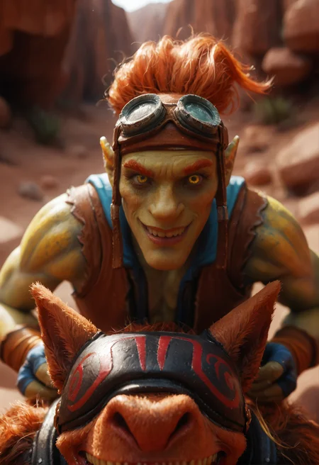 <lora:batrider_v1:1> yellow skin, batrider_v1, 1boy, goggles, goggles on head, colored skin, smile, pointy ears, gloves, teeth, grin, , orange hair, riding, red hair, sharp teeth, yellow eyes, score_9, score_8_up, score_7_up, score_6_up, derpibooru_p_95,
detailed eyes, beautiful, detailed background, perfect eyes,
blur censor, blurry, blurry background, blurry foreground, bokeh, motion blur,
chromatic aberration, depth of field, figure, focused, focus
photography, realistic sun light and shadows, photorealism, UHD --ar 9:16 --style raw --stylize 700,
solo,
Desert canyon pathway, towering red rock walls, deep shadows and bright sunlight, rugged and adventurous, lose-up, portrait, looking at viewer, facing viewer,