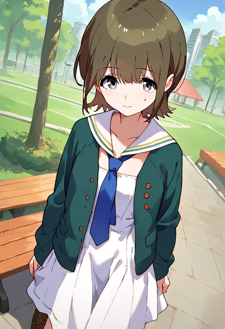 score_9,score_8_up,score_7_up,source_anime,zPDXL3,park,park bench,tree,
*//*,<lora:HayashidaAiri-v1.0:0.8>,hayashidaairi_wug,1girl,solo,grey eyes,brown hair,short hair,mole,mole under eye,black socks,white dress,short dress,shoes,brown footwear loafers,sailor collar,green jacket,open clothes,clothing cutout,(blue necktie:1.1),
*//*,looking at viewer,cowboy shot,dutch angle,