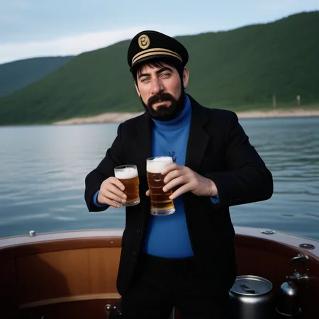 cinematic photo a man ,black hair, blue shirt, black jacket, black pant, facial hair, aving a beer on a boat <lora:Haddock1024:0.8> . 35mm photograph, film, bokeh, professional, 4k, highly detailed
