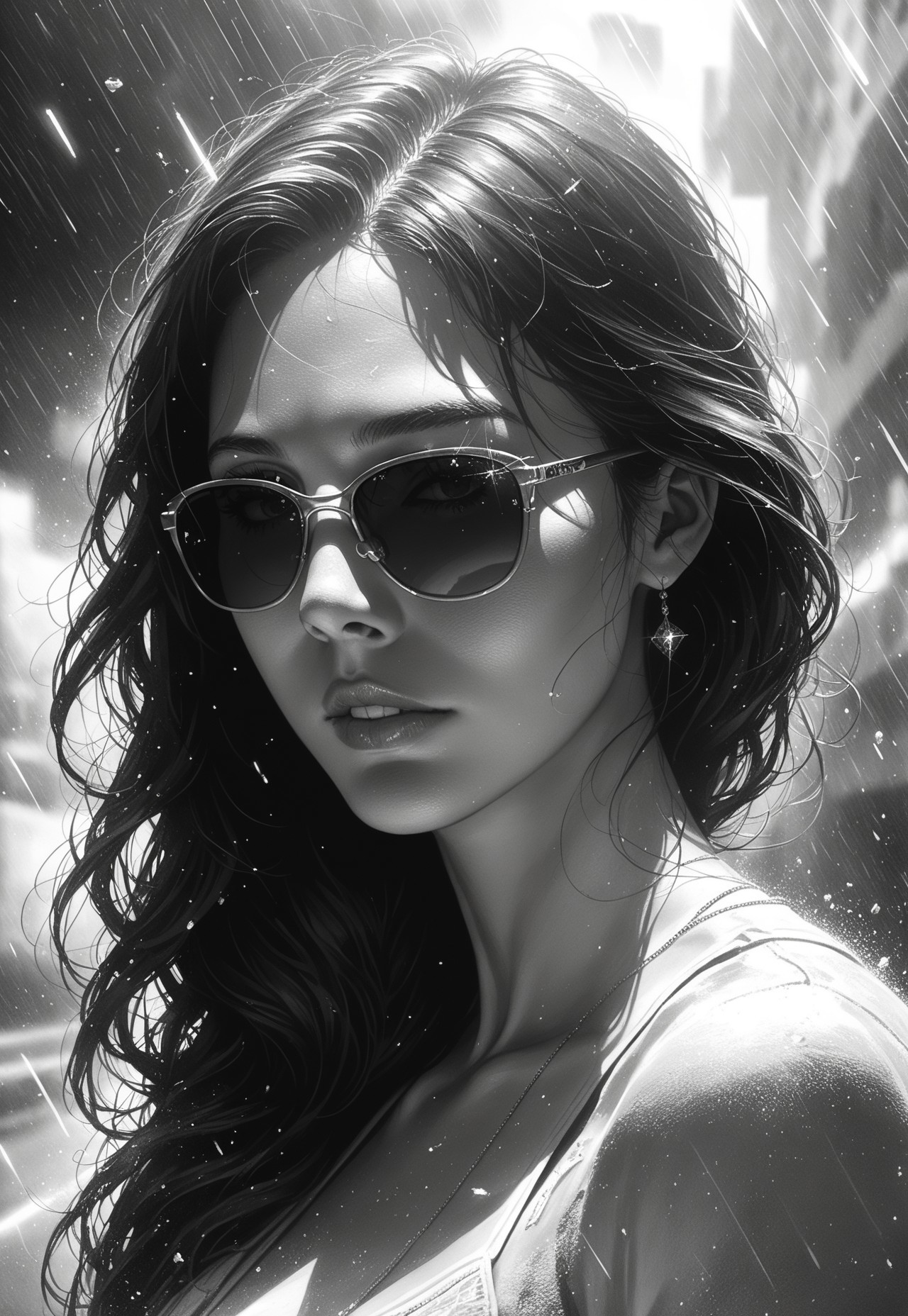masterpiece, best quality, realistic, realism, score_9, score_8_up, score_7_up,
monochrome, matrix binary rain, trapped in an electric storm, a young woman, extremely expressive, wearing sunglasses, expressed outline visuals, disintegrating style, watercolor art, Intricate illustration