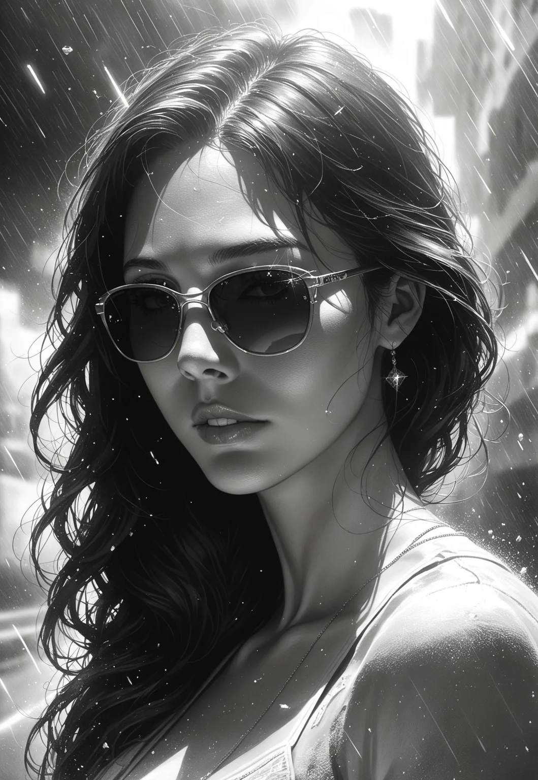 masterpiece, best quality, realistic, realism, score_9, score_8_up, score_7_up,
monochrome, matrix binary rain, trapped in an electric storm, a young woman, extremely expressive, wearing sunglasses, expressed outline visuals, disintegrating style, watercolor art, Intricate illustration