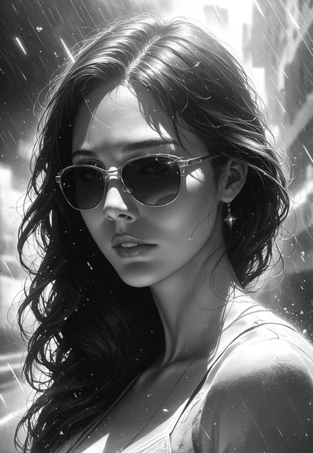 masterpiece, best quality, realistic, realism, score_9, score_8_up, score_7_up,
monochrome, matrix binary rain, trapped in an electric storm, a young woman, extremely expressive, wearing sunglasses, expressed outline visuals, disintegrating style, watercolor art, Intricate illustration