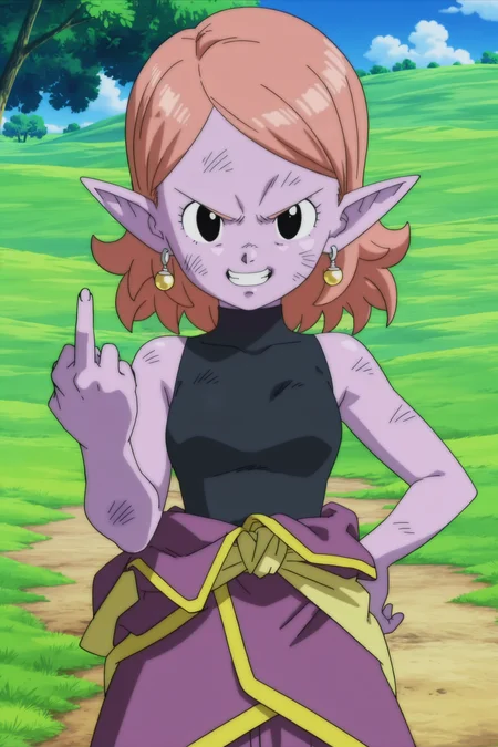 anime screencap, masterpiece, best quality, amazing quality, very aesthetic, absurdres, newest, (scenery, volumetric lighting),
chronoa, 1girl, solo, bare shoulders, potara earrings, orange hair, pointy ears, black eyes, colored skin, purple skin, official style, bare arms, grin, hand on hip, ((tunic around waist)), yellow sash, outdoors, teeth, sleeveless turtleneck leotard, purple tunic, kai tunic, small breasts, high waisted bottomwear, black leotard, clenched teeth, middle finger, angry, dirty face, looking at viewer, v-shaped eyebrows, dappled sunlight,
<lora:Chronoa_IL:0.8>