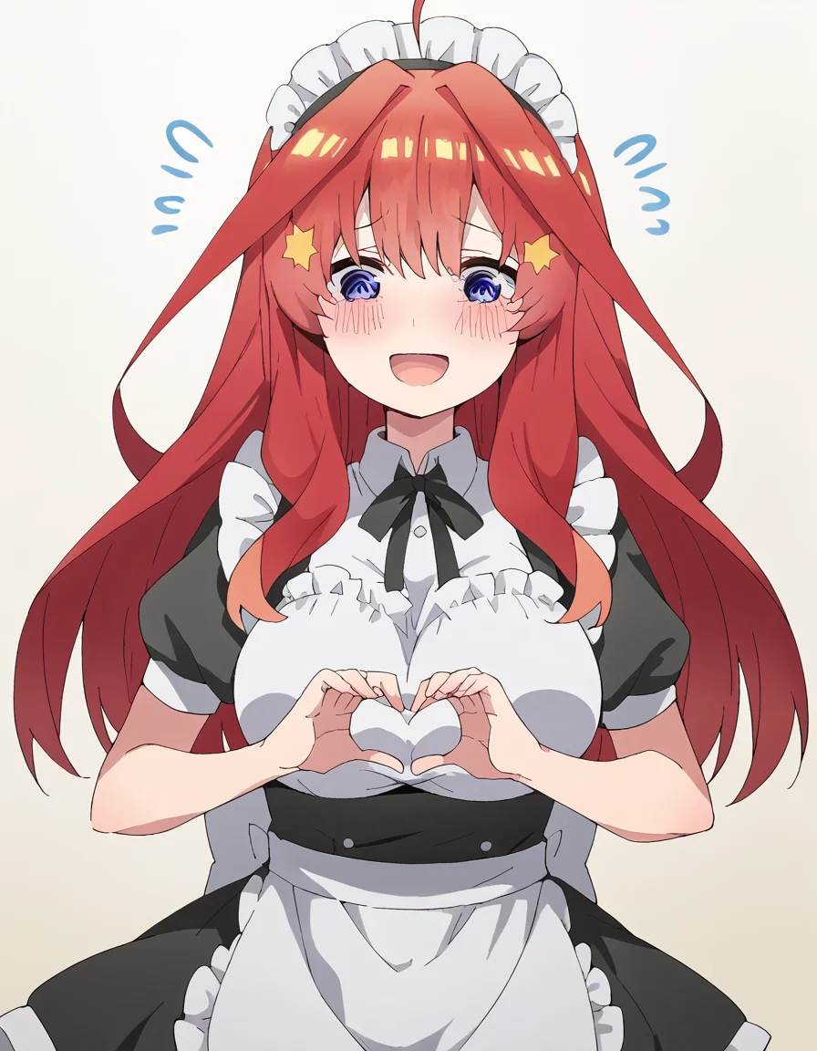 score_9, score_8_up, score_7_up, source_anime, <lora:itsuki-nakano-s2-ponyxl-lora-nochekaiser:1>, itsuki nakano, bangs, long hair, blue eyes, hair between eyes, ahoge, red hair, star (symbol), hair ornament, star hair ornament, mature female, large breasts, <lora:moe-moe-kyun-ponyxl-lora-nochekaiser:1> heart-shaped boob challenge, moe moe kyun! heart hands, enmaided, maid, maid headdress, apron, maid apron, ,, open mouth, blush, embarrassed, clsoed eyes, smile,, cowboy shot