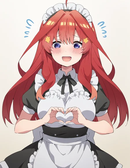 score_9, score_8_up, score_7_up, source_anime, <lora:itsuki-nakano-s2-ponyxl-lora-nochekaiser:1>, itsuki nakano, bangs, long hair, blue eyes, hair between eyes, ahoge, red hair, star (symbol), hair ornament, star hair ornament, mature female, large breasts, <lora:moe-moe-kyun-ponyxl-lora-nochekaiser:1> heart-shaped boob challenge, moe moe kyun! heart hands, enmaided, maid, maid headdress, apron, maid apron, ,, open mouth, blush, embarrassed, clsoed eyes, smile,, cowboy shot