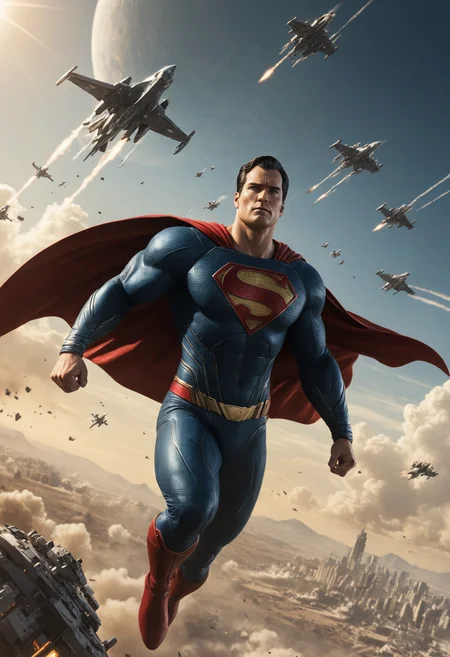 superman : Fearless warriors who pilot advanced spacecraft armed with quantum weaponry. They engage in aerial dogfights and orbital strikes, providing crucial air support to ground forces during epic conflicts. Quantum leader, march of the quantum empire, quantum empire, quantum soldiers, quantum super energy, powerful quantum army, epic war experience, cinematic experience, 8k, fantasy art, RPG style, full body  <lora:add-detail-xl:1>  <lora:great_lighting:1> <lora:JuggerCineXL2:0.8> Movie Still, Film Still, Cinematic, Cinematic Shot, Cinematic Lighting
