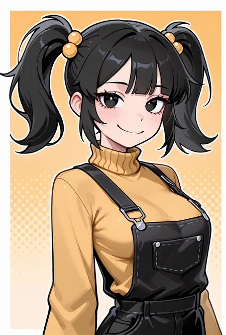 <lora:cassidyfnaf-10:1> cassidyfnaf, 1girl, twintails, black hair, hair ornament, long sleeves, yellow sweater, hair bobbles, turtleneck sweater, black overalls dress, yellow background, medium breasts, looking at viewer, smile, long sleeves, loose sleeves,, masterpiece, best quality, amazing quality, very aesthetic, absurdres, newest,, upper body, halftone effect, white borders, abstract background:1.2,