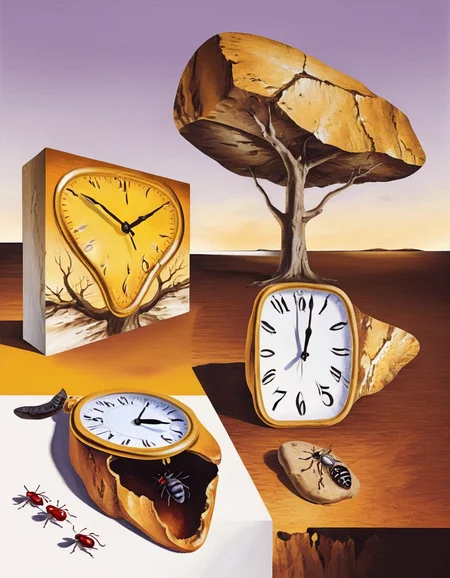 <lora:surr:0.6>surr, clock melting over side of block with fly on it, ponegranate in the shape of a clock with ants on it, dead tree with branch and clock melted over the side of it, white rectangle in background, brown landscape with gold yellow rock in distance, yellow white and lilac blended background, abstract anatomy, impossible, illusion