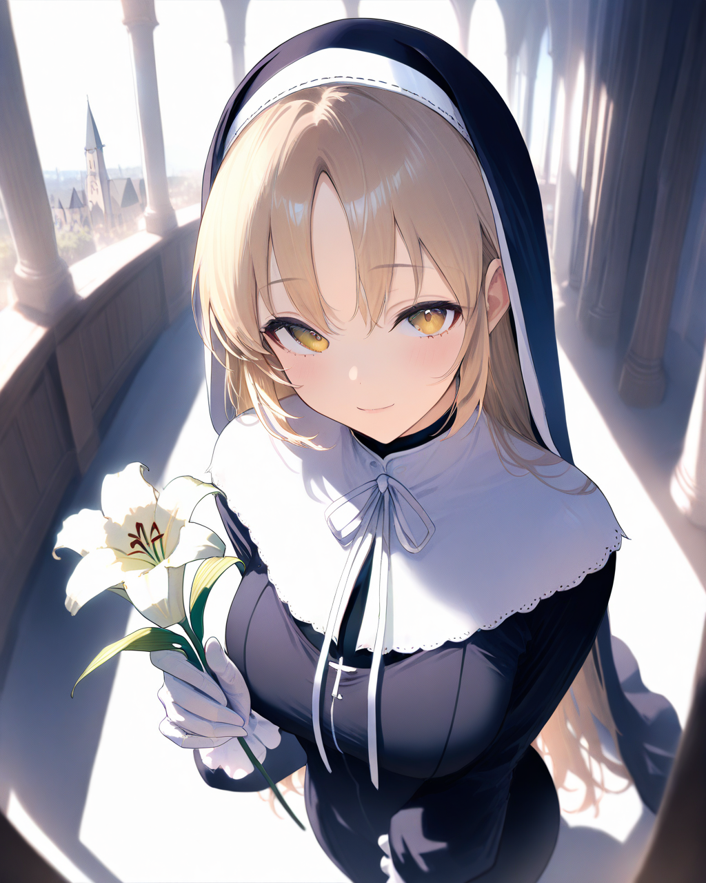 1girl,
SisterClaireNijisanji,
safe, perspective, from above, upper body,
nun, light smile,
breasts, white gloves, holding flower, white lily,
soft lighting, church,
depth of field,
<lora:kp_SisterClaireNijisanji1stCostumeAnimagineXL_v1_1:1.0>,
masterpiece, high score, great score, absurdres