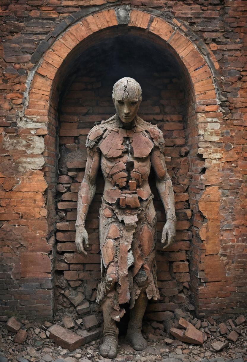Capture the melancholy beauty of a humanoid figure constructed from medieval bricks, crumbling and falling apart in the warm embrace of sunlight. Envision the scene in a dusty and foggy atmosphere, where the ethereal light highlights the intricate details of the disintegrating brick structure. The play of shadows and the hazy ambiance evoke a sense of mystery and nostalgia. This poignant composition tells a visual story of a once-sturdy creation succumbing to the passage of time, inviting viewers to reflect on the transient nature of existence and the haunting allure of decay
very detailed, hd, RAW photograph, masterpiece, top quality, best quality, official art,highest detailed, atmospheric lighting, cinematic composition, complex multiple subjects, 4k HDR, vibrant, highly detailed, Leica Q2 with Summilux 35mm f/1.2 ASPH, Ultra High Resolution, wallpaper, 8K, Rich texture details, hyper detailed, detailed eyes, detailed background, dramatic angle, epic composition, high quality , (8k, RAW photo, highest quality), hyperrealistic,