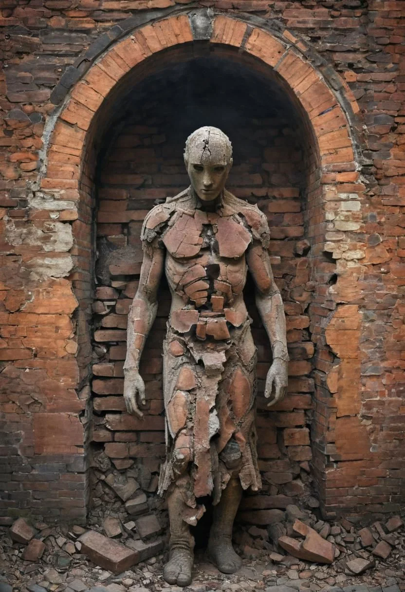Capture the melancholy beauty of a humanoid figure constructed from medieval bricks, crumbling and falling apart in the warm embrace of sunlight. Envision the scene in a dusty and foggy atmosphere, where the ethereal light highlights the intricate details of the disintegrating brick structure. The play of shadows and the hazy ambiance evoke a sense of mystery and nostalgia. This poignant composition tells a visual story of a once-sturdy creation succumbing to the passage of time, inviting viewers to reflect on the transient nature of existence and the haunting allure of decay
very detailed, hd, RAW photograph, masterpiece, top quality, best quality, official art,highest detailed, atmospheric lighting, cinematic composition, complex multiple subjects, 4k HDR, vibrant, highly detailed, Leica Q2 with Summilux 35mm f/1.2 ASPH, Ultra High Resolution, wallpaper, 8K, Rich texture details, hyper detailed, detailed eyes, detailed background, dramatic angle, epic composition, high quality , (8k, RAW photo, highest quality), hyperrealistic,