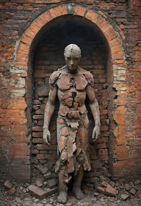 Capture the melancholy beauty of a humanoid figure constructed from medieval bricks, crumbling and falling apart in the warm embrace of sunlight. Envision the scene in a dusty and foggy atmosphere, where the ethereal light highlights the intricate details of the disintegrating brick structure. The play of shadows and the hazy ambiance evoke a sense of mystery and nostalgia. This poignant composition tells a visual story of a once-sturdy creation succumbing to the passage of time, inviting viewers to reflect on the transient nature of existence and the haunting allure of decay
very detailed, hd, RAW photograph, masterpiece, top quality, best quality, official art,highest detailed, atmospheric lighting, cinematic composition, complex multiple subjects, 4k HDR, vibrant, highly detailed, Leica Q2 with Summilux 35mm f/1.2 ASPH, Ultra High Resolution, wallpaper, 8K, Rich texture details, hyper detailed, detailed eyes, detailed background, dramatic angle, epic composition, high quality , (8k, RAW photo, highest quality), hyperrealistic,