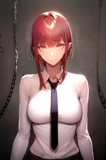 best quality, 1girl, makima \(chainsaw man\), 1girl, solo, standing, red hair, long braided hair, golden eyes, bangs, medium breasts, white shirt, necktie, stare, smile, looking at viewer, (dark background, chains) <lora:makimaChainsawMan_offset:1> <lora:Gentsuki:1>