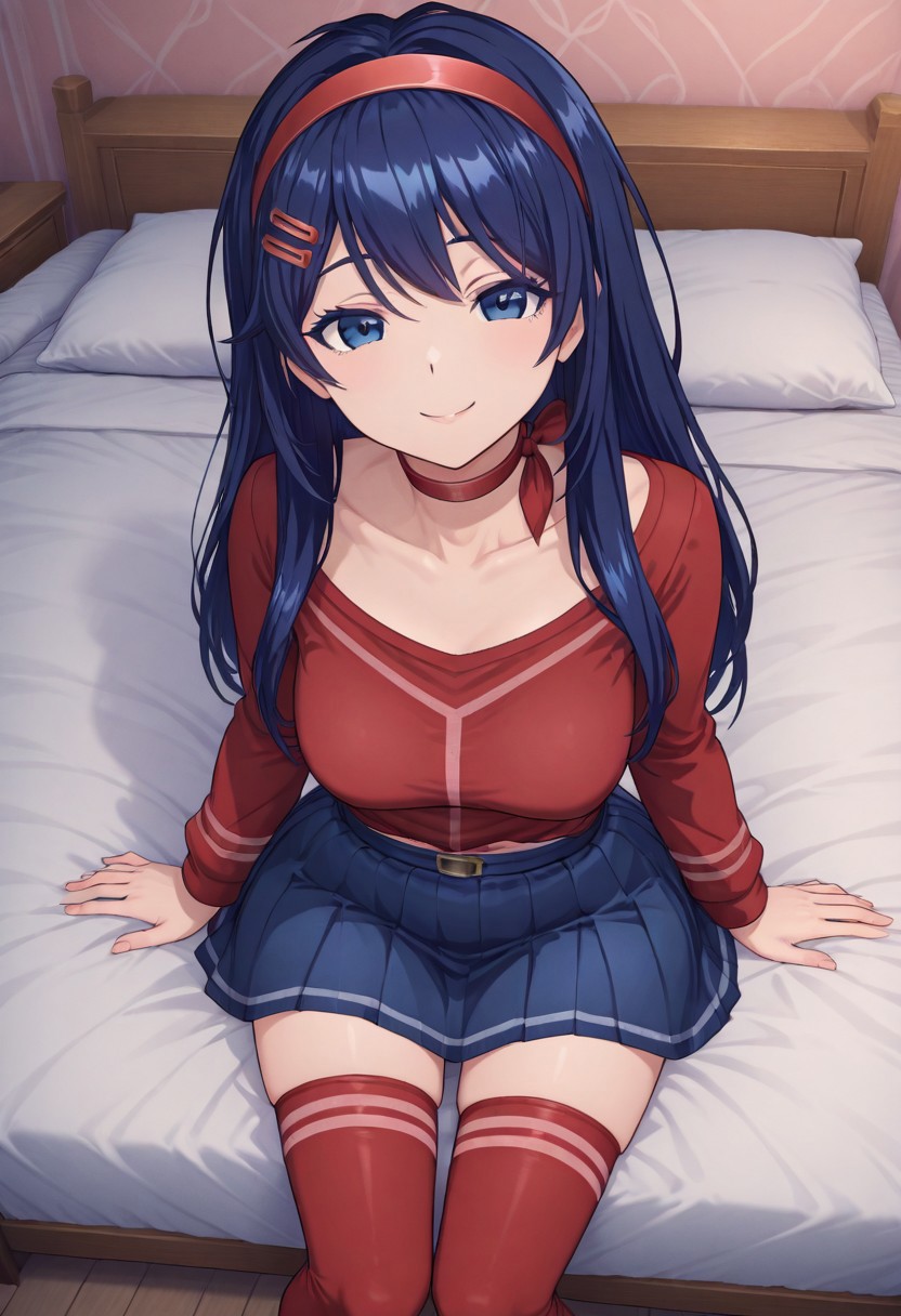 (kindmita:1.2),1girl, solo, hair ornament, red choker, red shirt, red hairband, blue_eyes, red thighhighs,blue hair,blue skirt,long hair, horny, smiling, looking at viewer, laying in bed, calling to him.