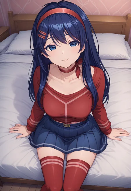 (kindmita:1.2),1girl, solo, hair ornament, red choker, red shirt, red hairband, blue_eyes, red thighhighs,blue hair,blue skirt,long hair, horny, smiling, looking at viewer, laying in bed, calling to him.