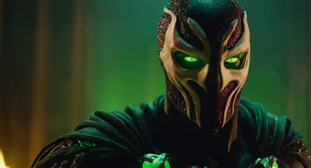 cinematic film still of (Cinematic Film stock footage style) in (arri alexa style) (Kodak film print style),
<lora:Spawn:1>
Spawn a demonic creature with a demon like face and a demon like body and a living symbiotic costume and glowing green eyes, shallow depth of field, vignette, highly detailed, high budget, bokeh, cinemascope, moody, epic, gorgeous, film grain, grainy
