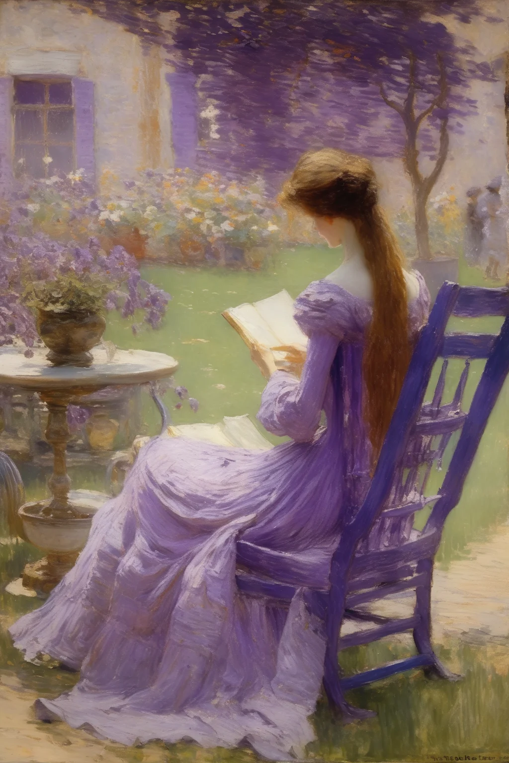 <lora:Theodore Robinson Style:1>Theodore Robinson Style - In this Impressionist painting by Frederic Gilder Hassam, in the Middle Ages, a long-haired, very thin medieval girl in a long purple dress sits in a garden chair reading a book, with extreme close-ups of figures, Monet-style landscapes, and a purple style throughout the picture, in this impressionistic painting by Frederic Gilder Hassam, which captures a complex scene with gentle, soft, realistic details and intricate textures and brushstrokes.