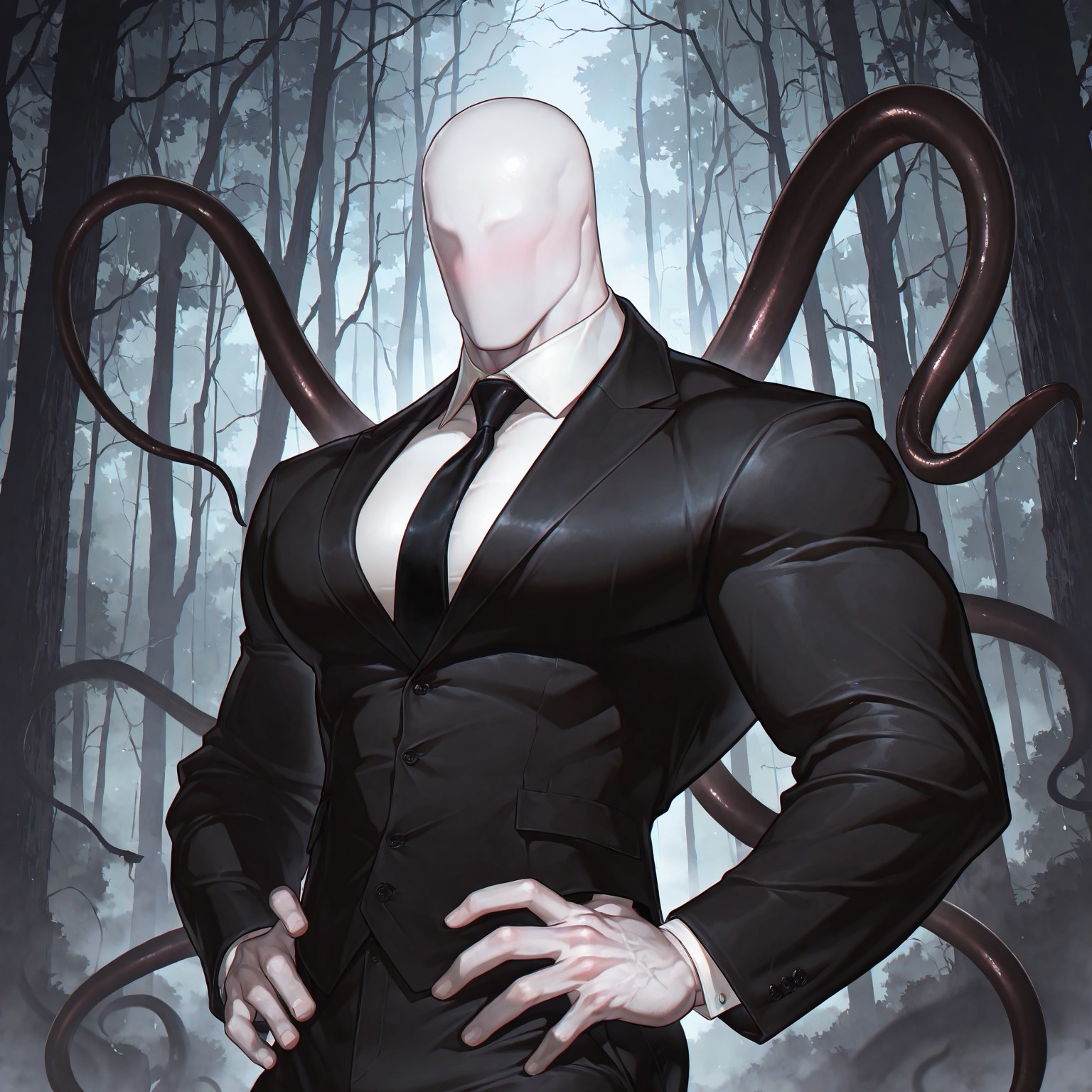 masterpiece, best quality, absurdres, newest, perfect quality, best quality, absolutely eye-catching, detailed background, intricate details, bara, 1boy, male, male focus, solo, tall, slim, faceless, no face, no eyes, no mouth, no ears, no facial features, white skin, pale skin, black suit, black tuxedo, white shirt, black tie, black pants, tentacles, black tentacles, bara, muscular, large pectorals, large biceps, looking away, side view, (((upper body))), hands on hips, dark forest scenery, fog, very awa, best quality, absurdres, newest, perfect quality, detailed background, intricate details, (artist:rokudenashi:0.8), (artist:dizdoodz:0.7), (artist:gomtang:0.6)
