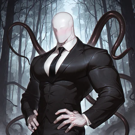 masterpiece, best quality, absurdres, newest, perfect quality, best quality, absolutely eye-catching, detailed background, intricate details, bara, 1boy, male, male focus, solo, tall, slim, faceless, no face, no eyes, no mouth, no ears, no facial features, white skin, pale skin, black suit, black tuxedo, white shirt, black tie, black pants, tentacles, black tentacles, bara, muscular, large pectorals, large biceps, looking away, side view, (((upper body))), hands on hips, dark forest scenery, fog, very awa, best quality, absurdres, newest, perfect quality, detailed background, intricate details, (artist:rokudenashi:0.8), (artist:dizdoodz:0.7), (artist:gomtang:0.6)