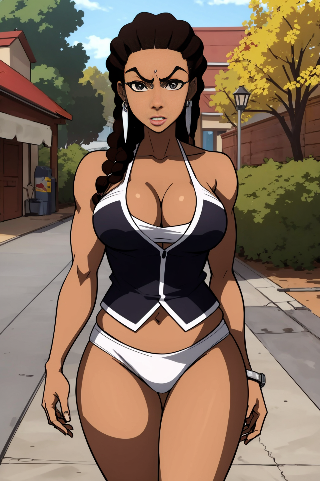 a woman with sexy body and outfit, walking in the sidewalk, (well draw eyes and eye pupil:1.2), EdobBoondocksArtStyle  <lora:EdobBoondocksArtStyle_v1.0:0.8>