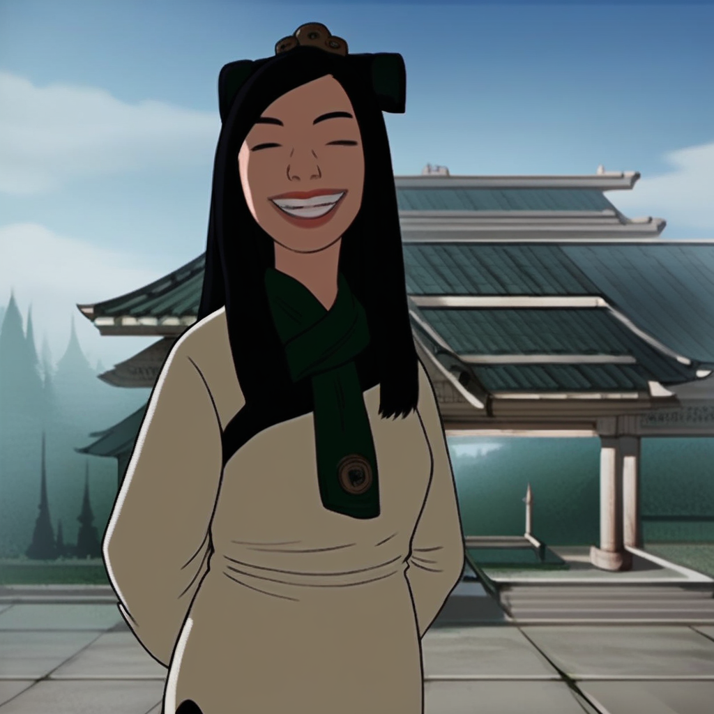 Score_9, Score_8_up, Score_7_up, 1girl, solo, hair ornament, black hair, long hair, brown eyes, lipstick, green scarf, chinese dress, long sleeves, wide sleeves, grin, teeth, eyes closed, hands behind back, day, blue sky, temple,