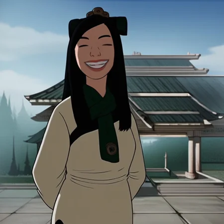 Score_9, Score_8_up, Score_7_up, 1girl, solo, hair ornament, black hair, long hair, brown eyes, lipstick, green scarf, chinese dress, long sleeves, wide sleeves, grin, teeth, eyes closed, hands behind back, day, blue sky, temple,