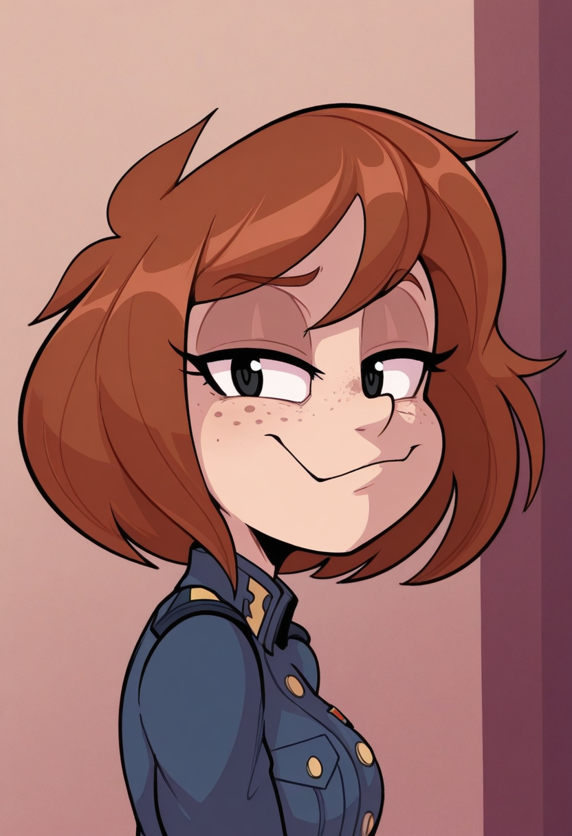 p4n1c3dstyle,   masterpiece, best quality, solo,  1girl, , uniform, close to the viewer, large eyes, side view of face, weird angle, freckles, large eyes, smug,