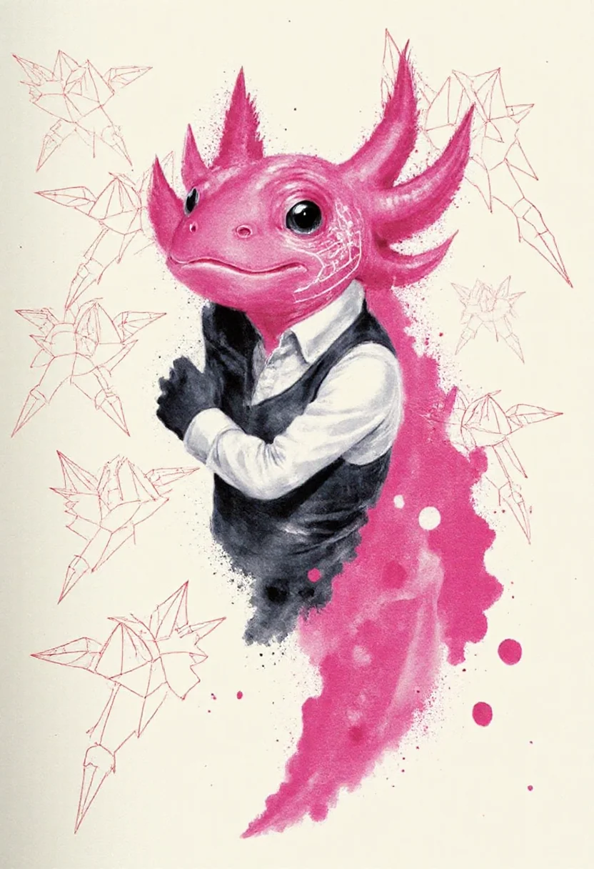 <lora:Acrobatic_Maneuvers_Style_FLUX-000015:0.9> <lora:axomodelv2:0.9>
This image is a digital drawing that combines elements of surrealism and modern art. The central figure is a stylized, three-dimensional representation of an axolotl's head, with striking details rendered in various shades of pink.