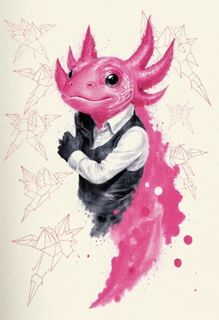 <lora:Acrobatic_Maneuvers_Style_FLUX-000015:0.9> <lora:axomodelv2:0.9>
This image is a digital drawing that combines elements of surrealism and modern art. The central figure is a stylized, three-dimensional representation of an axolotl's head, with striking details rendered in various shades of pink.