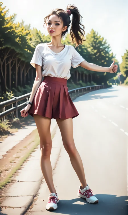 score_9, score_8_up, score_7_up, BREAK, hiHike, front view , (slim woman) standing at road. The woman wears red short skirt and blouse, sneakers and has long brunette ponytail .
<lora:HitchhikePony:1>