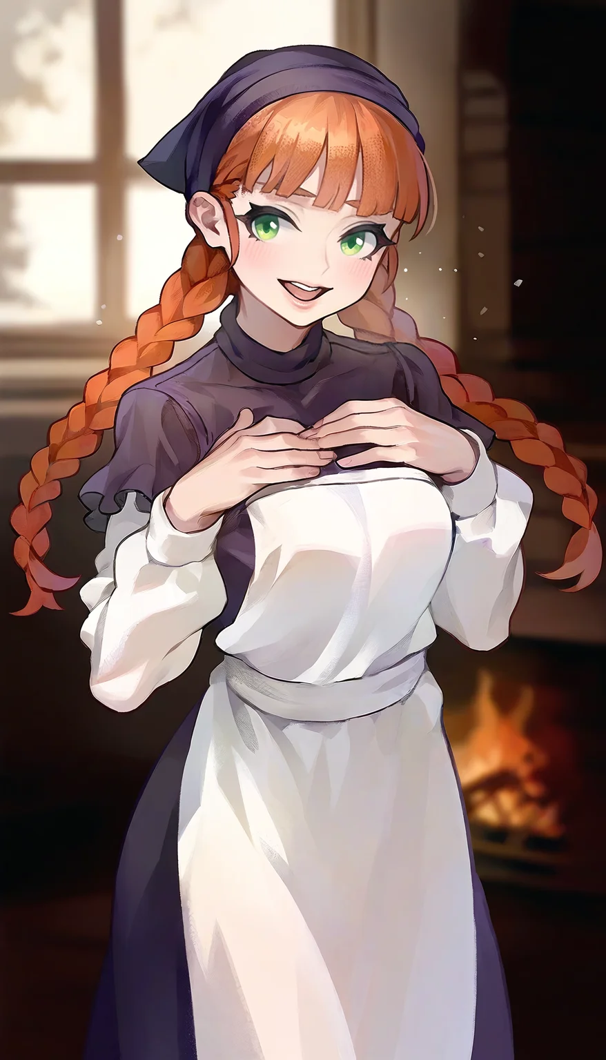 masterpiece,best quality,amazing quality,
<lora:yunifiiNAI:1>,yunifi,
1girl,solo,orange hair,bangs,twin braids,green eyes,purple headscarf,puffy sleeves purple collar dress,white strapless apron,white detached sleeves,looking at viewer,open smile,indoors,wooden,fireplace,window,snow,hand on chest,blurry background,depth of field,soft lighting,light particles,